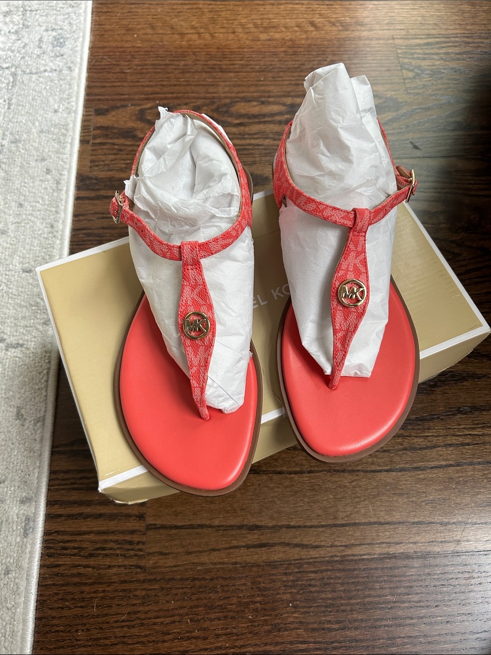 Michael Kors Coral Pink Logo T-Strap Sandals